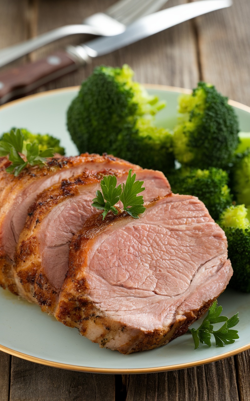 Easy Keto Pork Tenderloin Recipe Sliced pork tenderloin garnished with parsley, served with steamed broccoli on a rustic table.